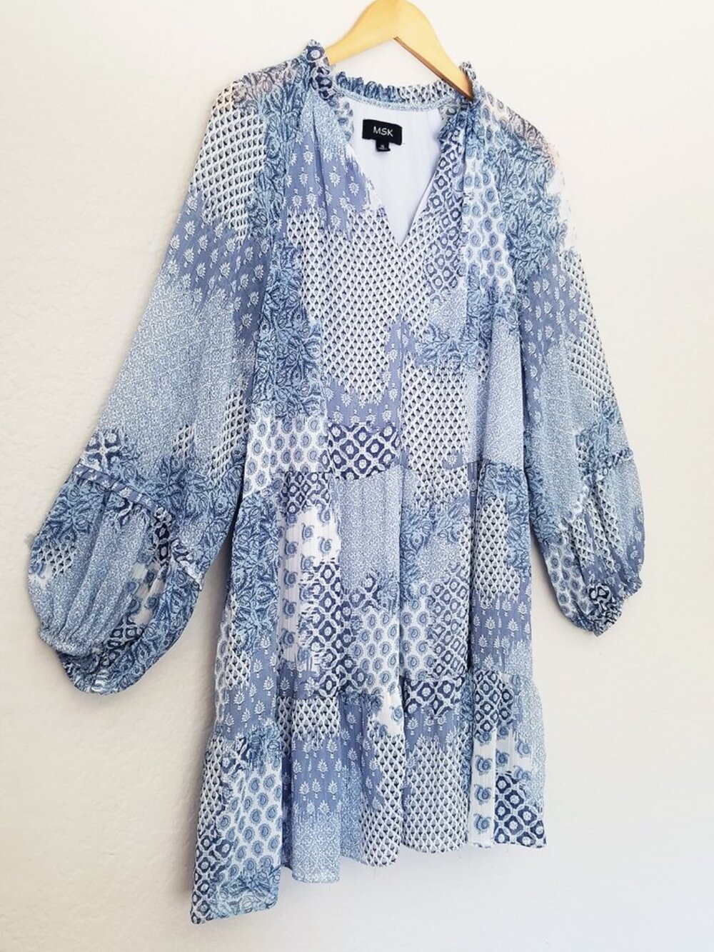 MSK Ruffle V Neck Baby Doll Dress XL Chiffon Patchwork Blue Shimmer Boho Cottage - Picture 15 of 15